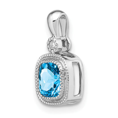 14k White Gold Cushion Blue Topaz and Real Diamond Pendant