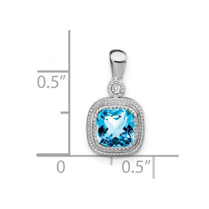 14k White Gold Cushion Blue Topaz and Real Diamond Pendant