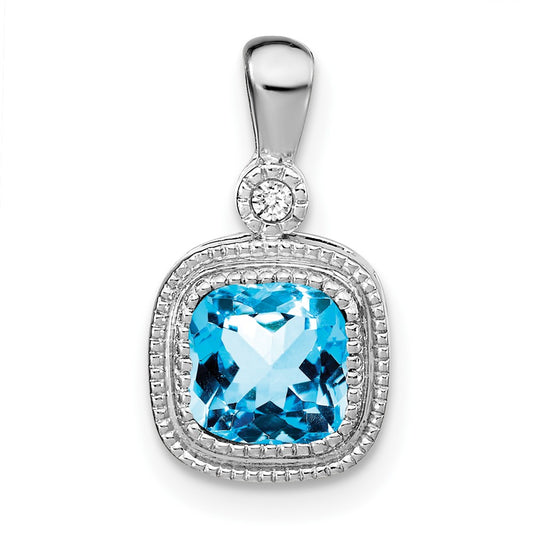 14k White Gold Cushion Blue Topaz and Real Diamond Pendant