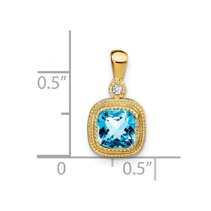 14K Yellow Gold Cushion Blue Topaz and Real Diamond Pendant