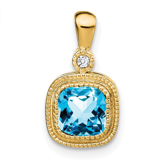 Solid 14k Yellow Gold Cushion Simulated Blue Topaz and CZ Pendant