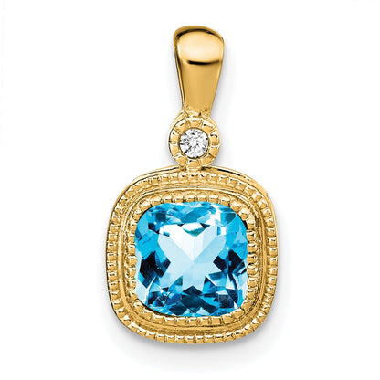 14K Yellow Gold Cushion Blue Topaz and Real Diamond Pendant