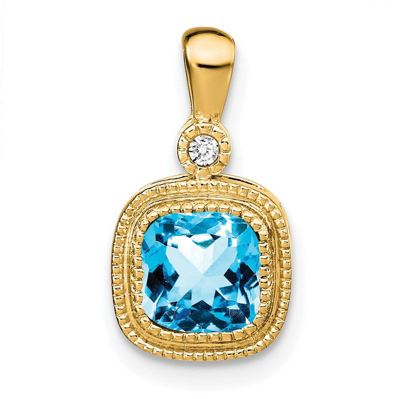 14K Yellow Gold Cushion Blue Topaz and Real Diamond Pendant