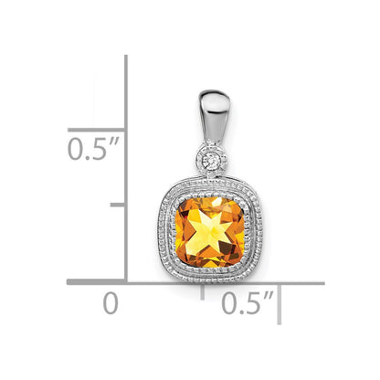 14k White Gold Cushion Citrine and Real Diamond Pendant