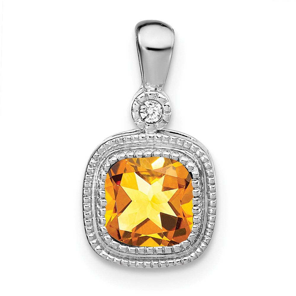 14k White Gold Cushion Citrine and Real Diamond Pendant