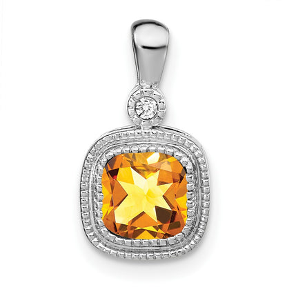 14k White Gold Cushion Citrine and Real Diamond Pendant