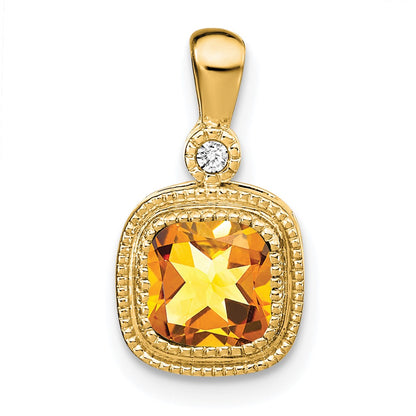 14K Yellow Gold Cushion Citrine and Real Diamond Pendant
