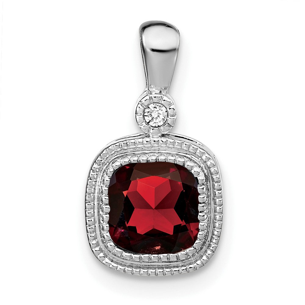 14k White Gold Cushion Garnet and Real Diamond Pendant
