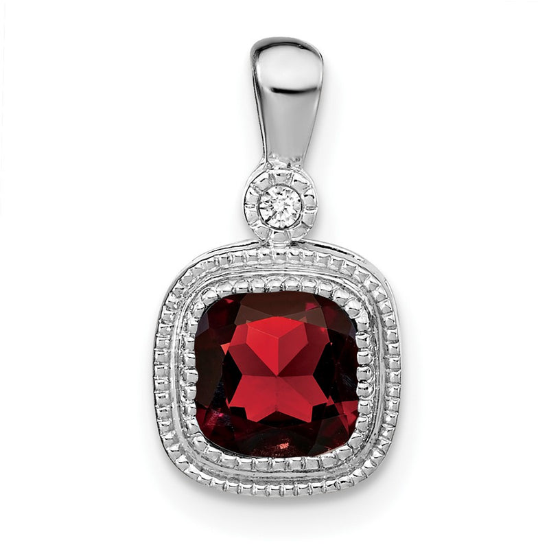 14k White Gold Cushion Garnet and Real Diamond Pendant