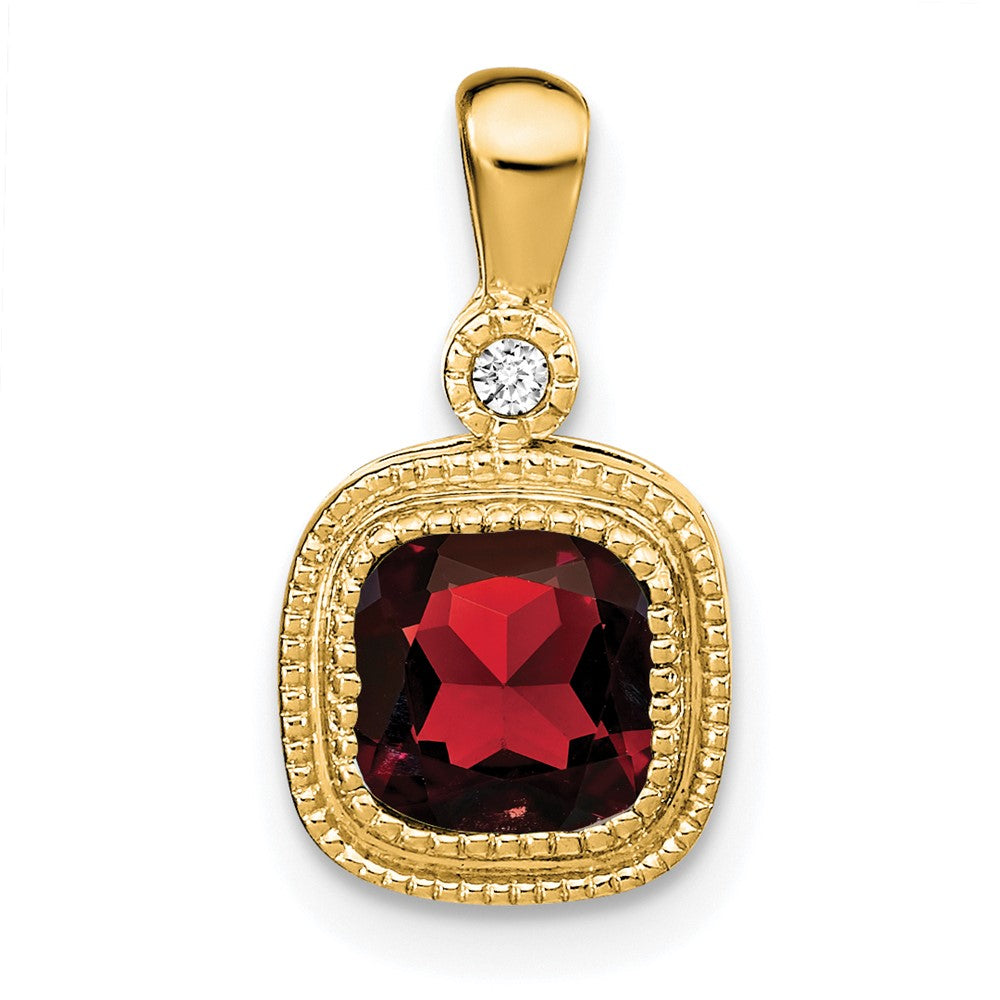 14K Yellow Gold Cushion Garnet and Real Diamond Pendant
