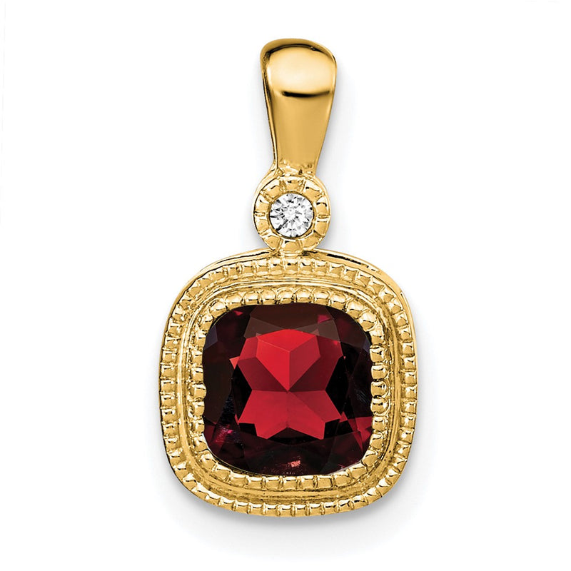 14K Yellow Gold Cushion Garnet and Real Diamond Pendant