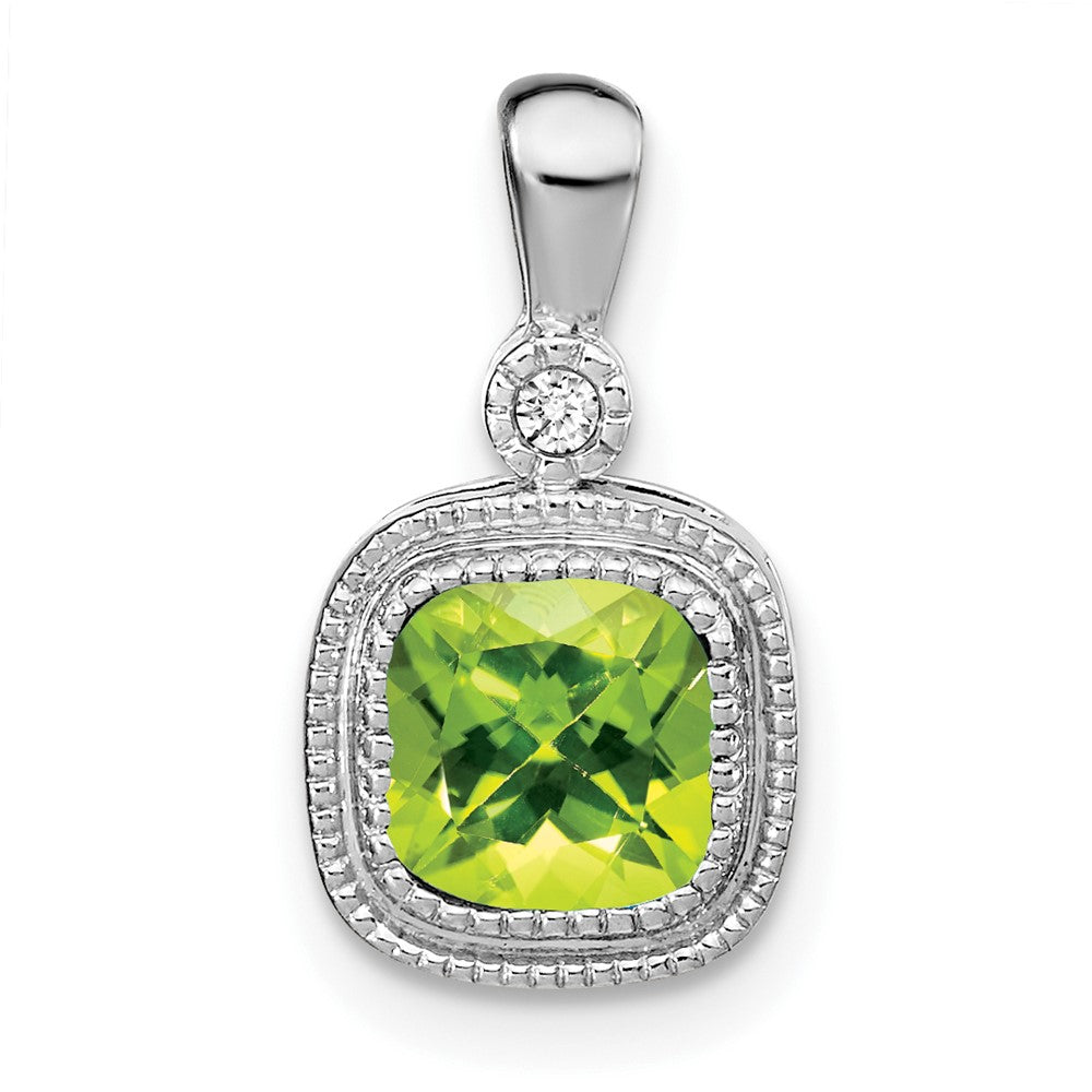 14k White Gold Cushion Peridot and Real Diamond Pendant