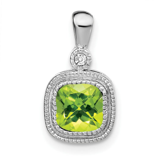 14k White Gold Cushion Peridot and Real Diamond Pendant