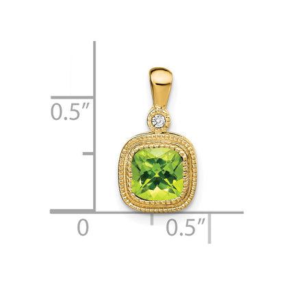 14K Yellow Gold Cushion Peridot and Real Diamond Pendant