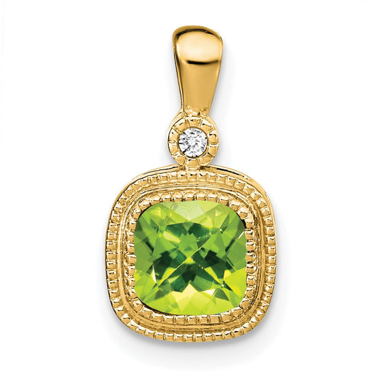 Solid 14k Yellow Gold Cushion Simulated Peridot and CZ Pendant