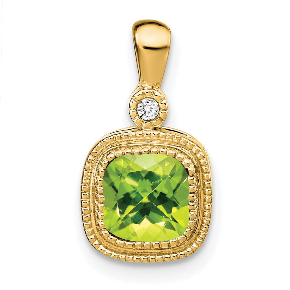 14K Yellow Gold Cushion Peridot and Real Diamond Pendant