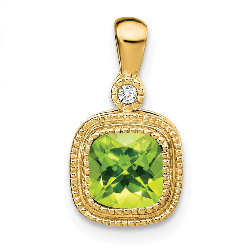 14K Yellow Gold Cushion Peridot and Real Diamond Pendant