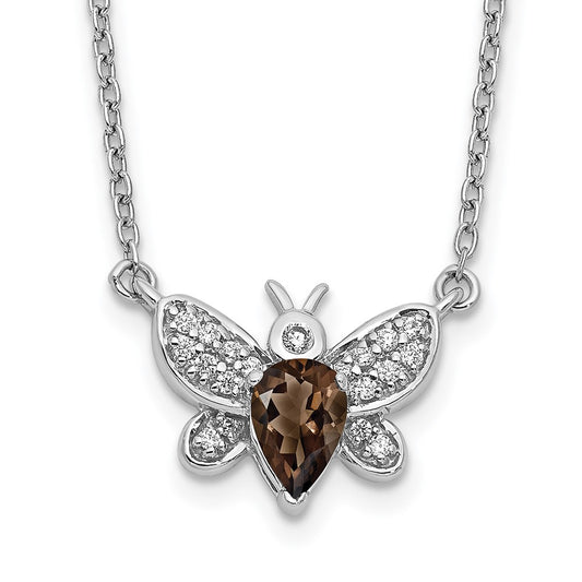 14k White Gold Real Diamond and Smokey Quartz Bee 18 inch Necklace
