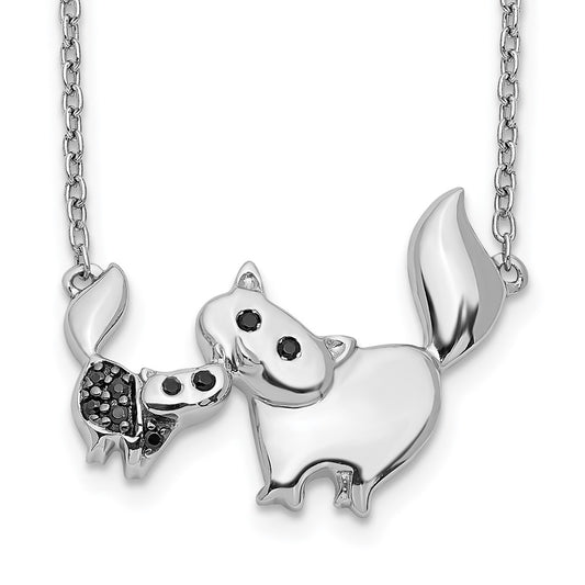 14k White Gold Black Real Diamond Mother and Baby Cat 18 inch Necklace
