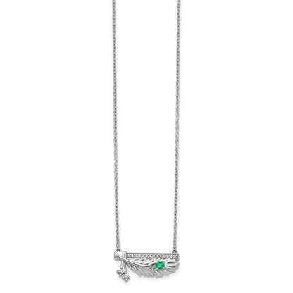 14k White Gold Real Diamond Bar w/Emerald Feather 18 inch Necklace