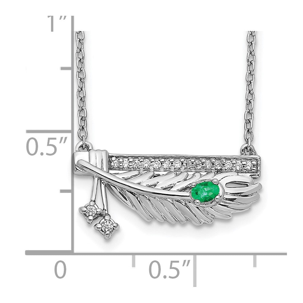 14k White Gold Real Diamond Bar w/Emerald Feather 18 inch Necklace
