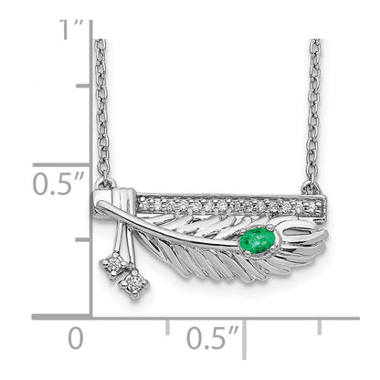 14k White Gold Real Diamond Bar w/Emerald Feather 18 inch Necklace