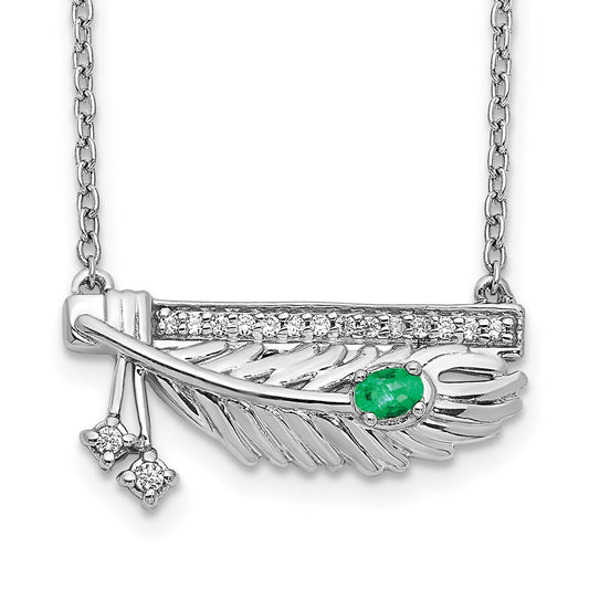 14k White Gold Real Diamond Bar w/Emerald Feather 18 inch Necklace