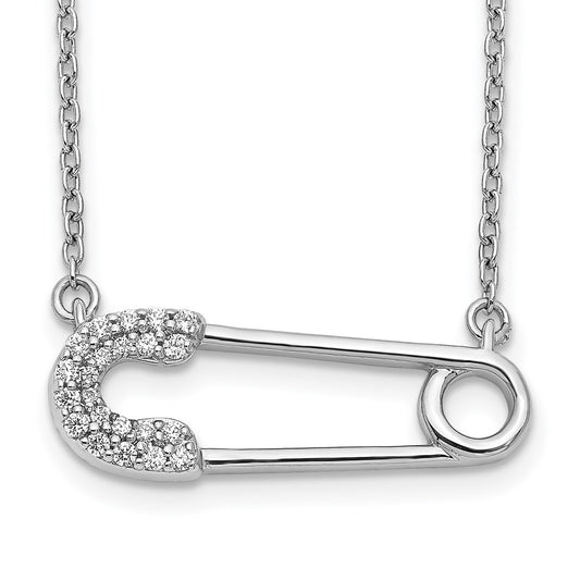 14k White Gold Real Diamond Safety Pin Necklace