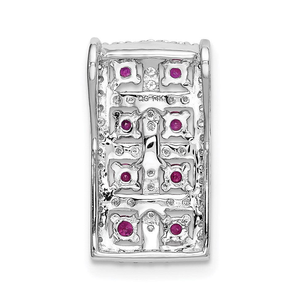 14k White Gold Real Diamond & .24 Ruby Fancy Rectangle Chain Slide