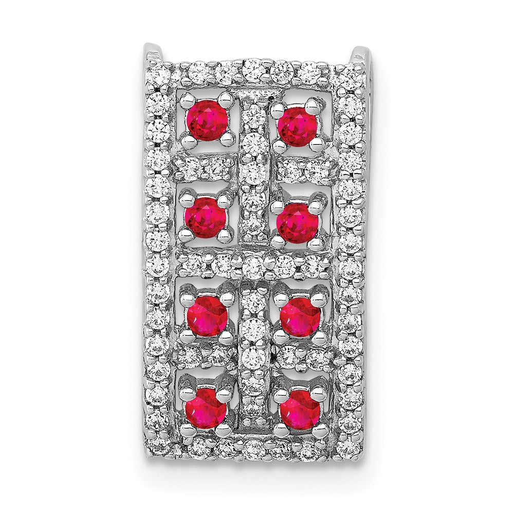 14k White Gold Real Diamond & .24 Ruby Fancy Rectangle Chain Slide