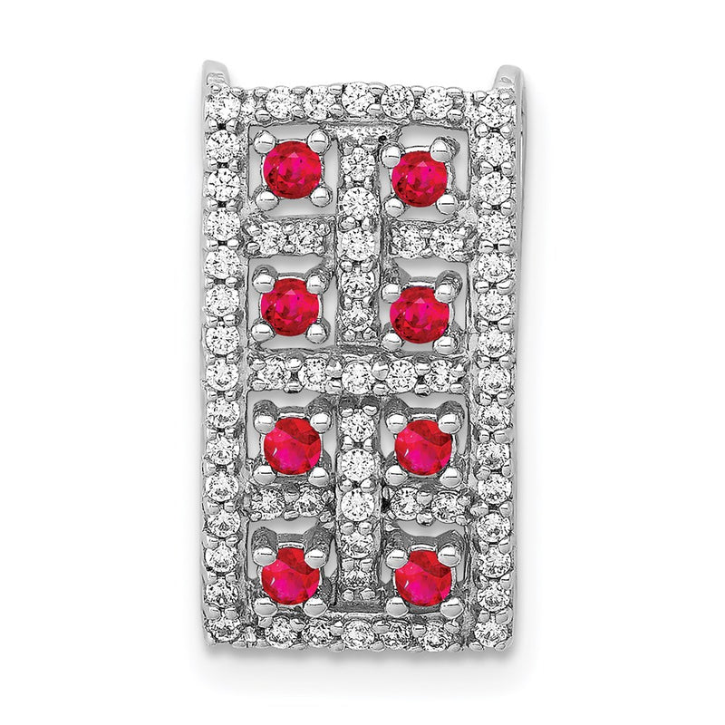 14k White Gold Real Diamond & .24 Ruby Fancy Rectangle Chain Slide