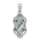 Solid 14k White Gold Twist Simulated CZ and Emerald Fancy Pendant