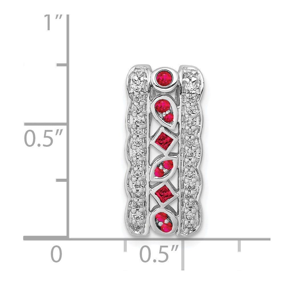 14k White Gold Real Diamond and .17 Ruby Fancy Chain Slide