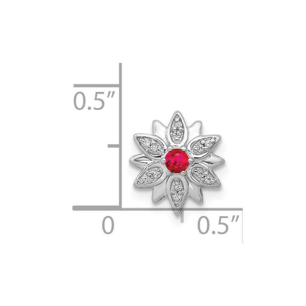 14k White Gold 1/20ct. Real Diamond and Ruby Flower Chain Slide