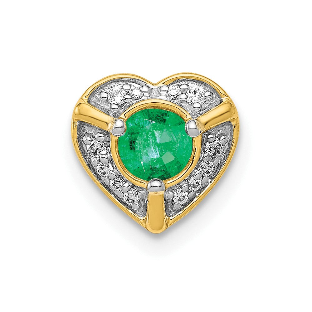 Solid 14k Yellow Gold Simulated CZ and Emerald Fancy Heart Pendant