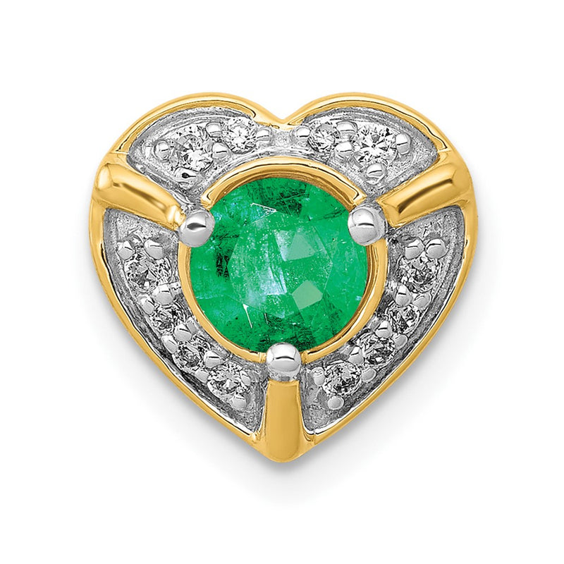 14K Yellow Gold Real Diamond and Emerald Fancy Heart Pendant