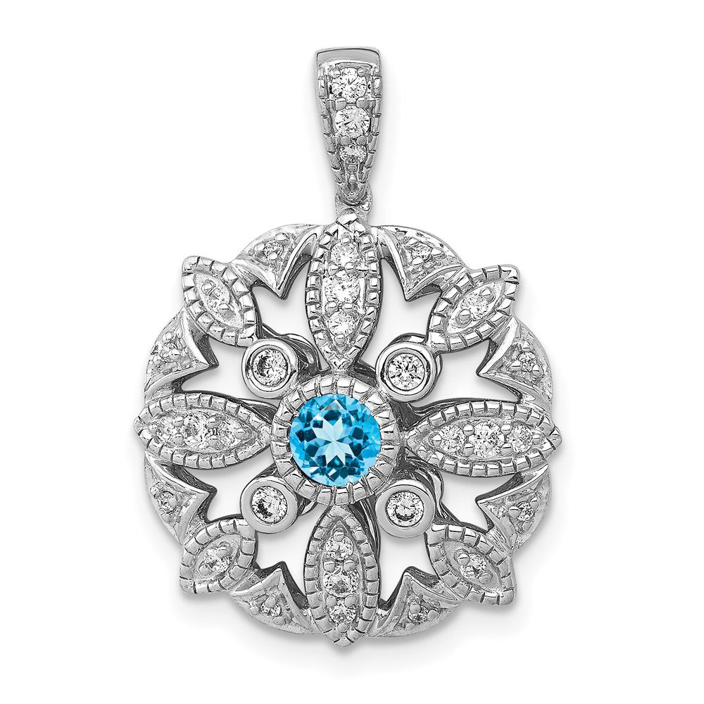 14k White Gold Real Diamond & .25 Blue Topaz Fancy Pendant