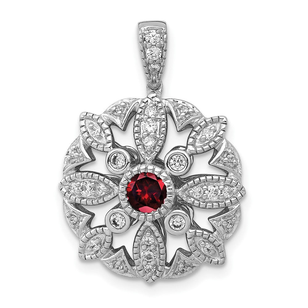 14k White Gold Real Diamond and .25 Garnet Fancy Pendant