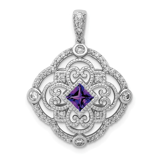 14k White Gold Real Diamond and .39 Amethyst Fancy Pendant