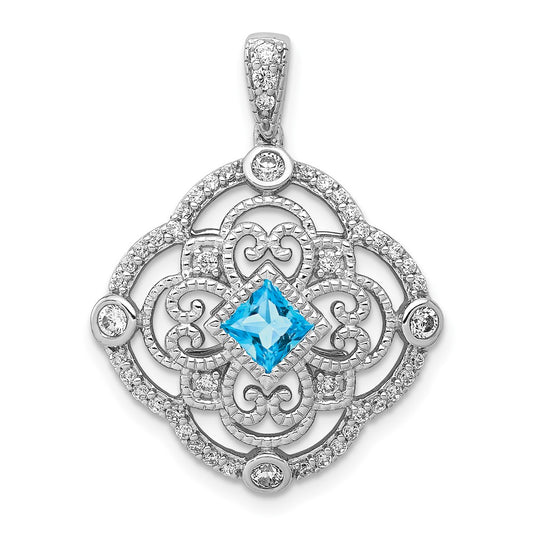 Solid 14k White Gold Simulated CZ and .39 Blue Topaz Fancy Pendant