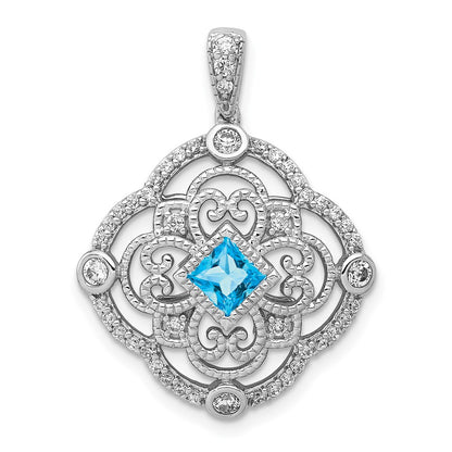 14k White Gold Real Diamond and .39 Blue Topaz Fancy Pendant
