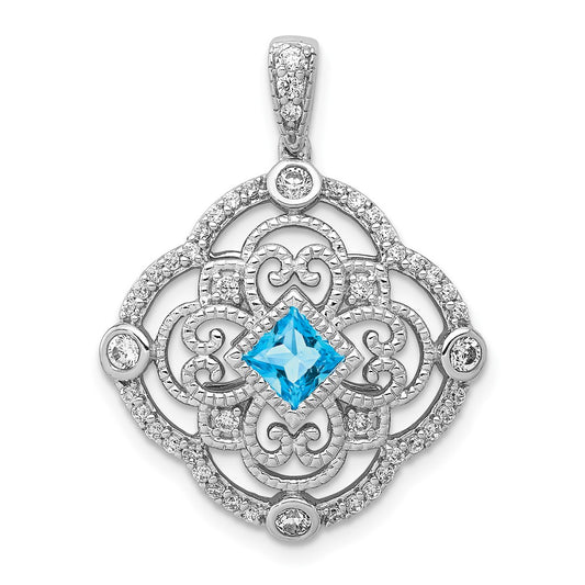 14k White Gold Real Diamond and .39 Blue Topaz Fancy Pendant