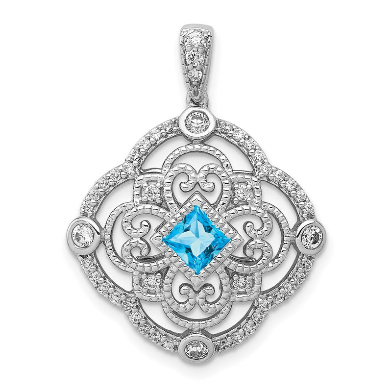 14k White Gold Real Diamond and .39 Blue Topaz Fancy Pendant