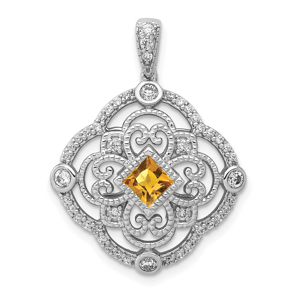 14k White Gold Real Diamond and .39 Citrine Fancy Pendant