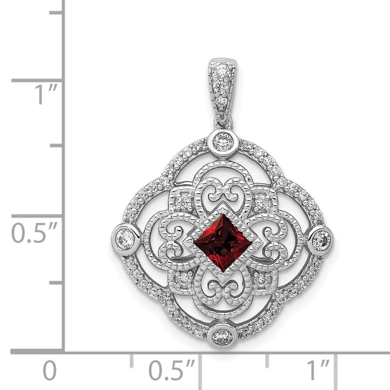 14k White Gold Real Diamond and .39 Garnet Fancy Pendant