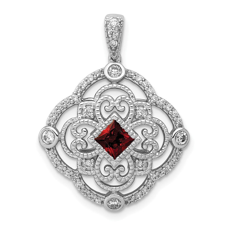 14k White Gold Real Diamond and .39 Garnet Fancy Pendant