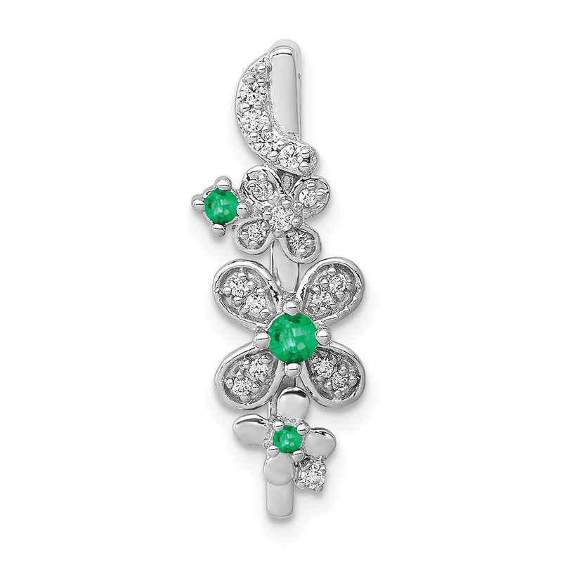 14k White Gold Real Diamond and Emerald Flower Chain Slide