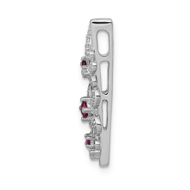 14k White Gold Real Diamond and .13 Ruby Flowers Chain Slide