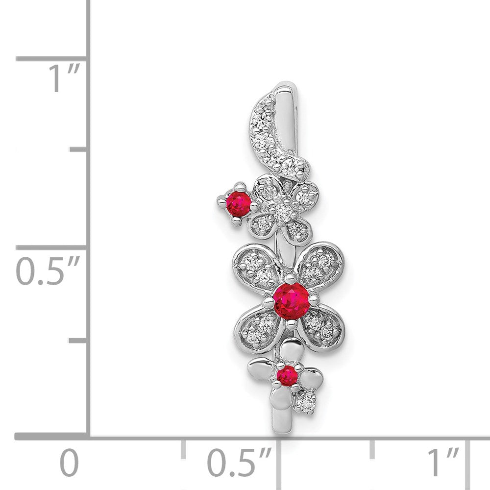 14k White Gold Real Diamond and .13 Ruby Flowers Chain Slide