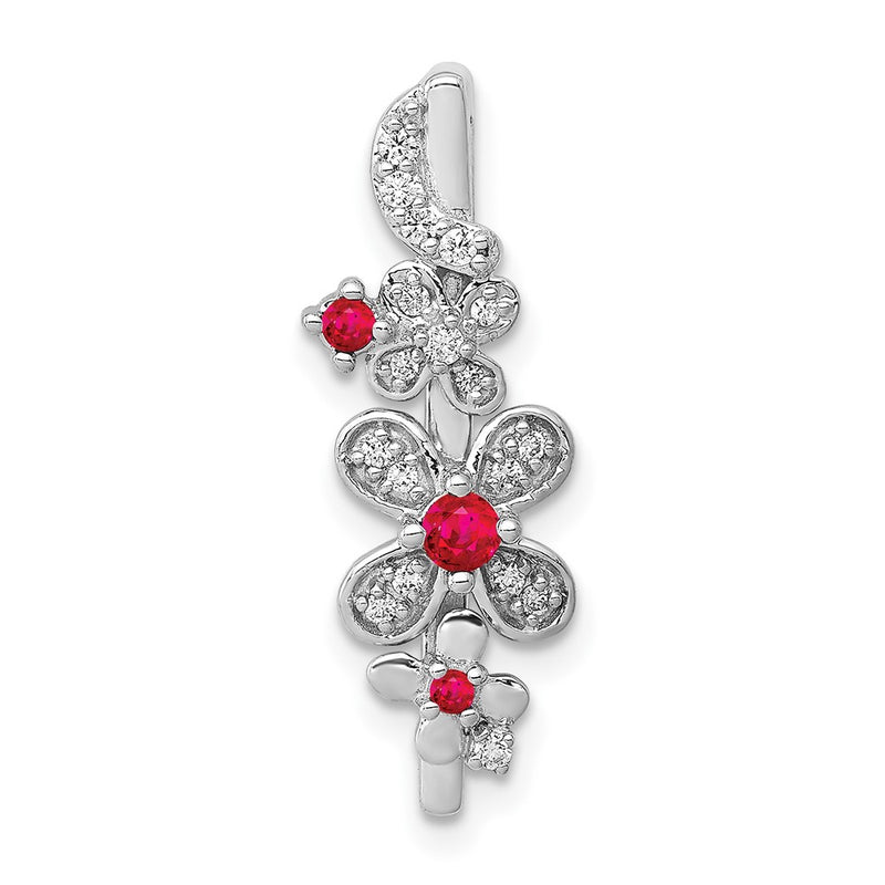 14k White Gold Real Diamond and .13 Ruby Flowers Chain Slide